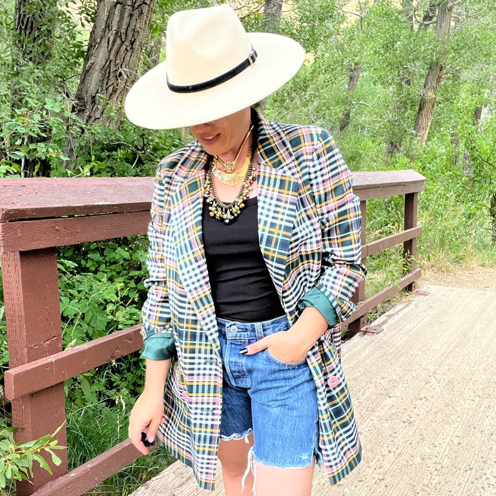 New! Dark Academia Green Plum Plaid Double Breasted Boxy Blazer Size Medium